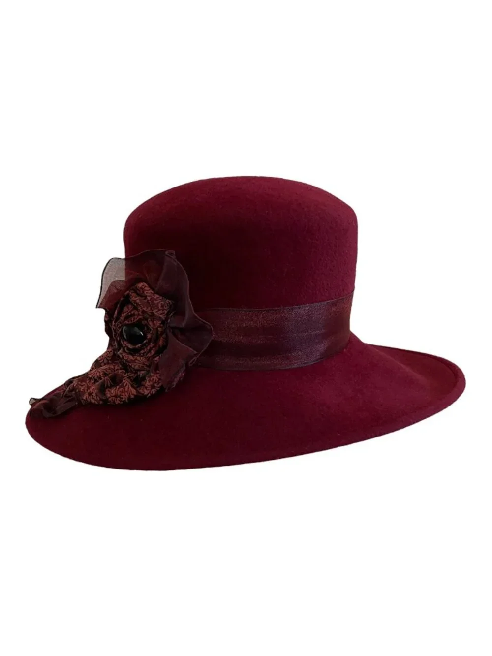 Louise Green Burgundy Wool Felt Wide Brim Hat With Floral Ribbon Detail